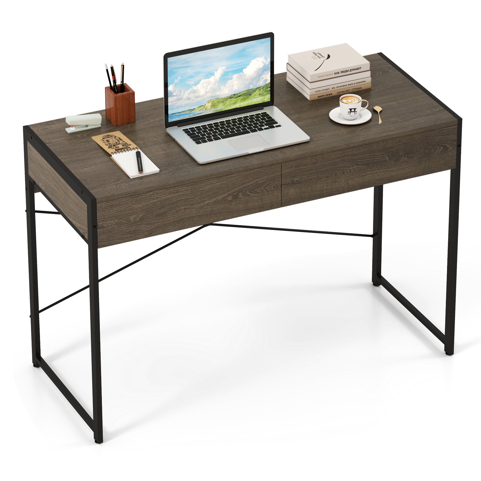 Computer Desk With 2 Drawers, 44 Inch, Oak, Metal Frame Computer Desks at Gallery Canada