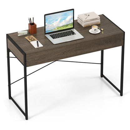 Computer Desk With 2 Drawers, 44 Inch, Oak, Metal Frame Computer Desks at Gallery Canada