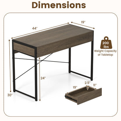 Computer Desk With 2 Drawers, 44 Inch, Oak, Metal Frame Computer Desks at Gallery Canada