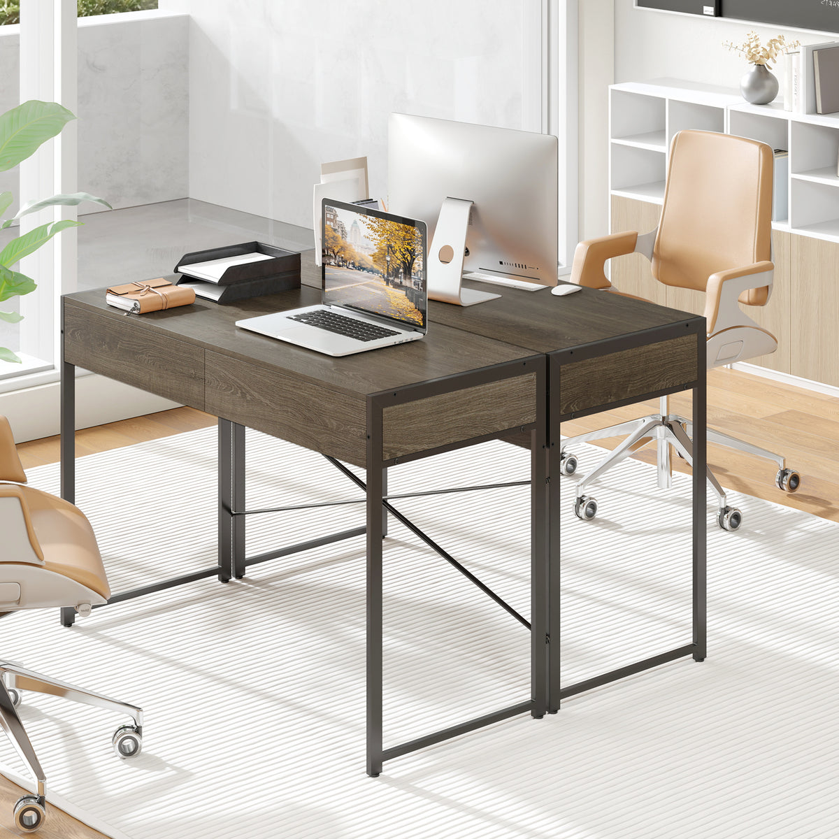 Computer Desk With 2 Drawers, 44 Inch, Oak, Metal Frame Computer Desks at Gallery Canada