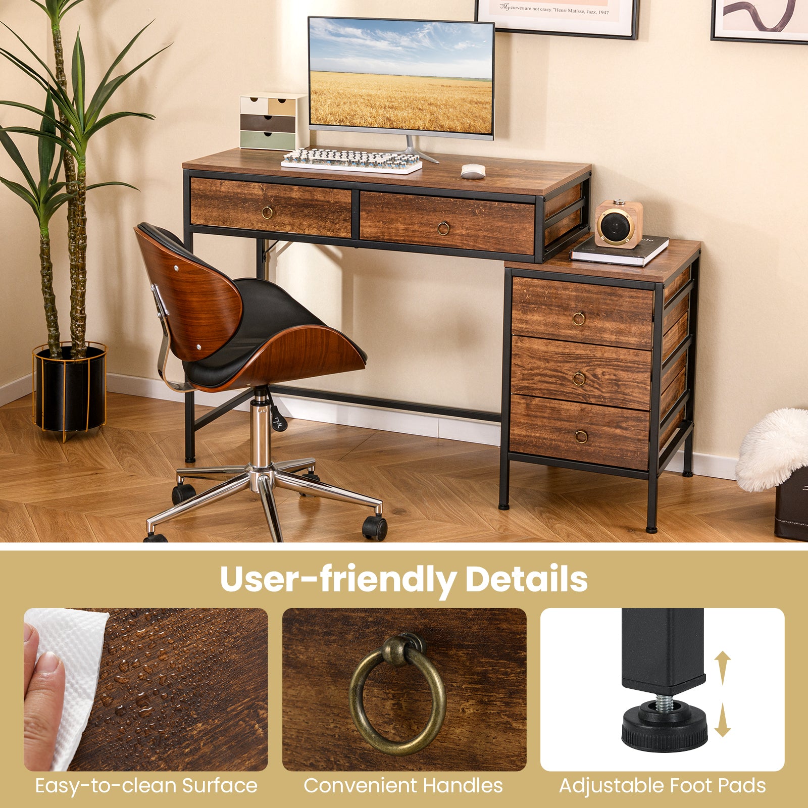 Computer Desk With 5 Drawers, Side File Cabinet, Brown Computer Desks at Gallery Canada