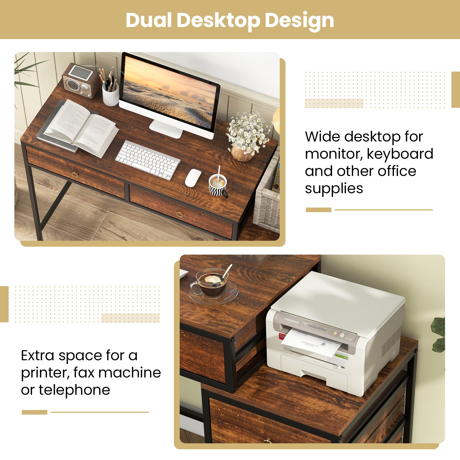 Computer Desk With 5 Drawers, Side File Cabinet, Brown Computer Desks at Gallery Canada