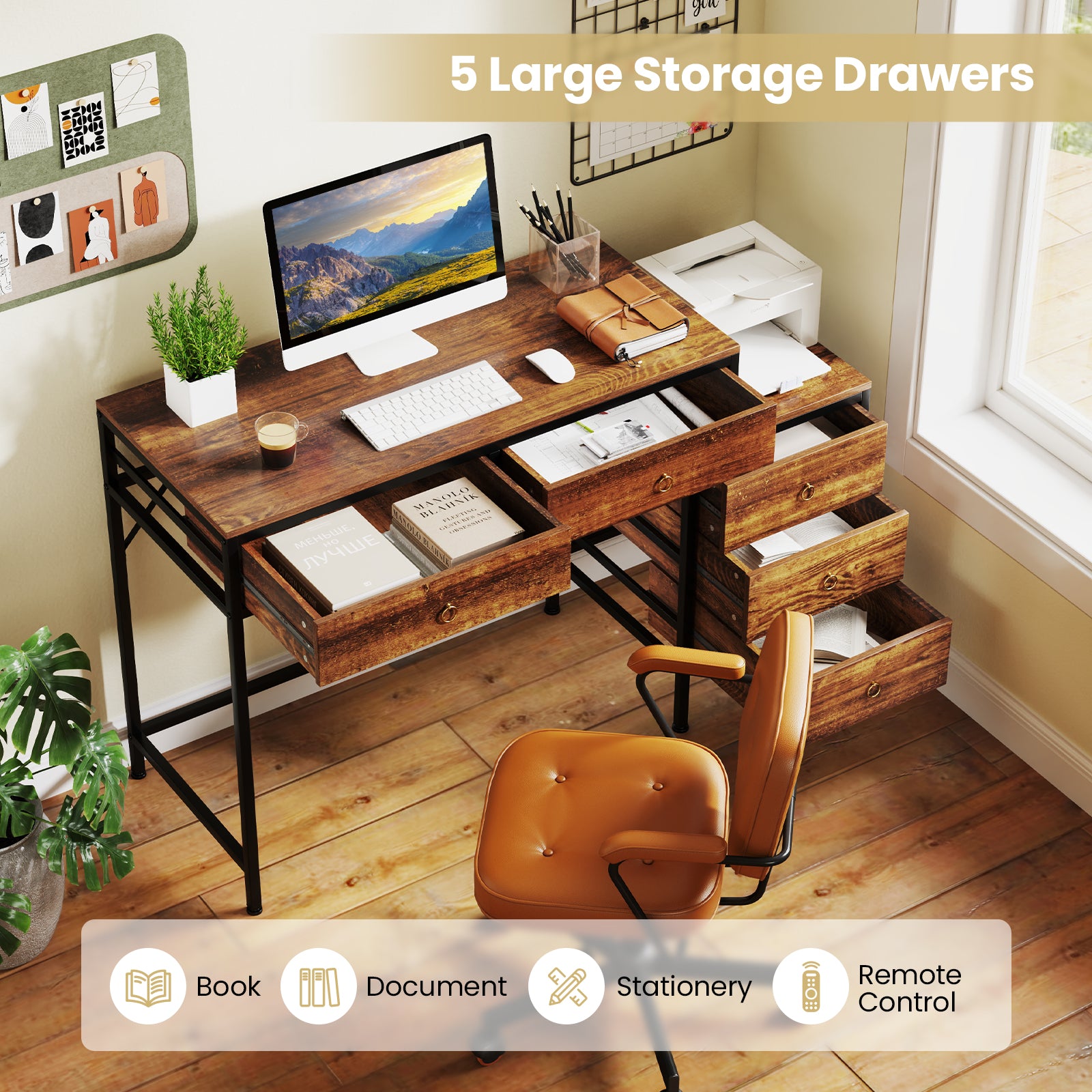 Computer Desk With 5 Drawers, Side File Cabinet, Brown Computer Desks at Gallery Canada