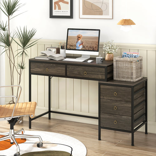 Computer Desk With 5 Drawers, Side File Cabinet, Gray