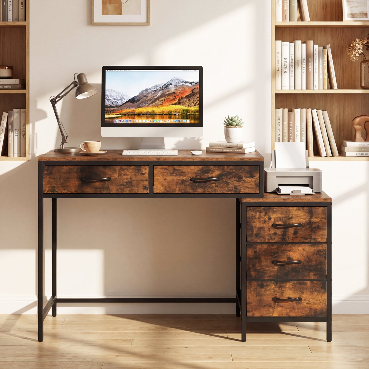Computer Desk With 5 Drawers, Printer Stand, Brown Computer Desks at Gallery Canada