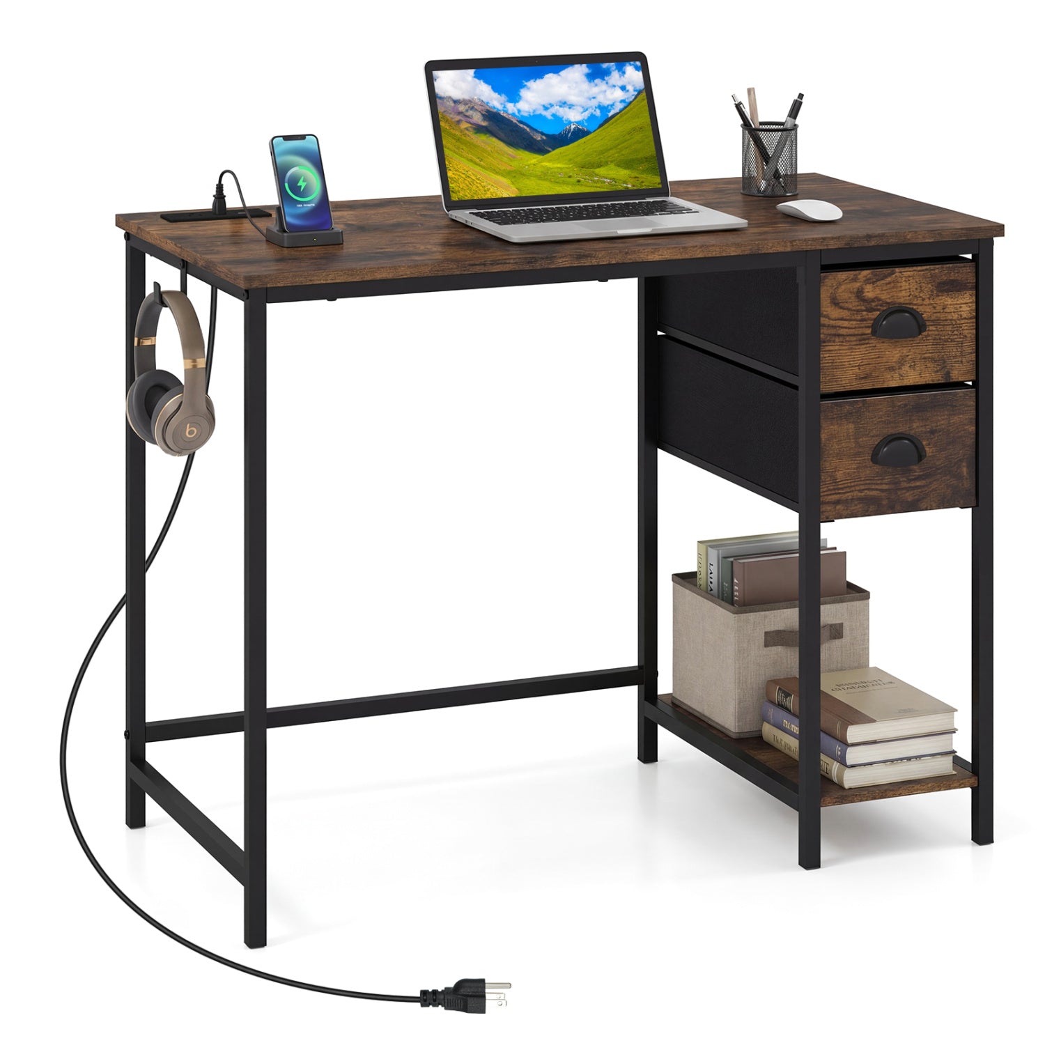 Computer Desk With Charging Station, 2 Fabric Drawers, Brown Computer Desks at Gallery Canada