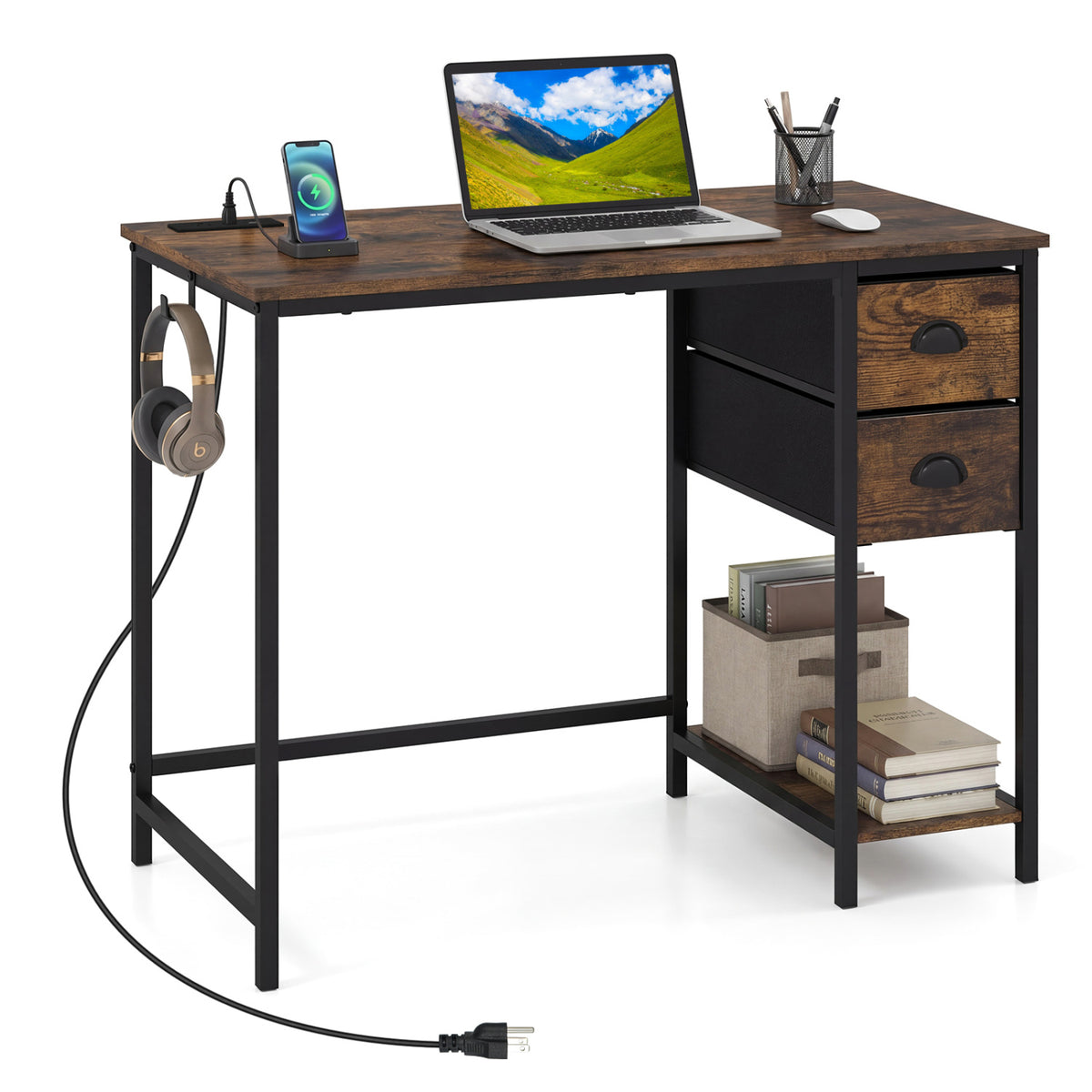 Computer Desk With Charging Station, 2 Fabric Drawers, Brown Computer Desks Rustic Brown at Gallery Canada
