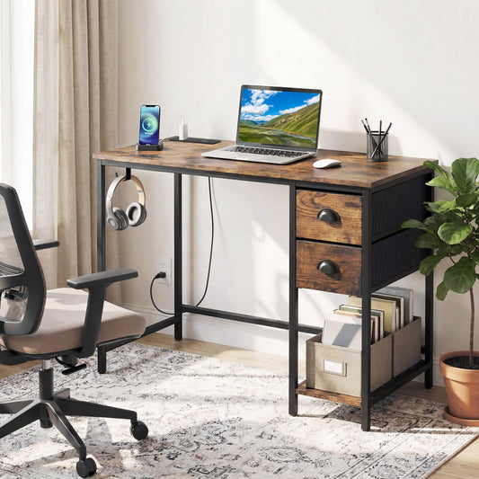 Computer Desk With Charging Station, 2 Fabric Drawers, Brown Computer Desks Rustic Brown at Gallery Canada