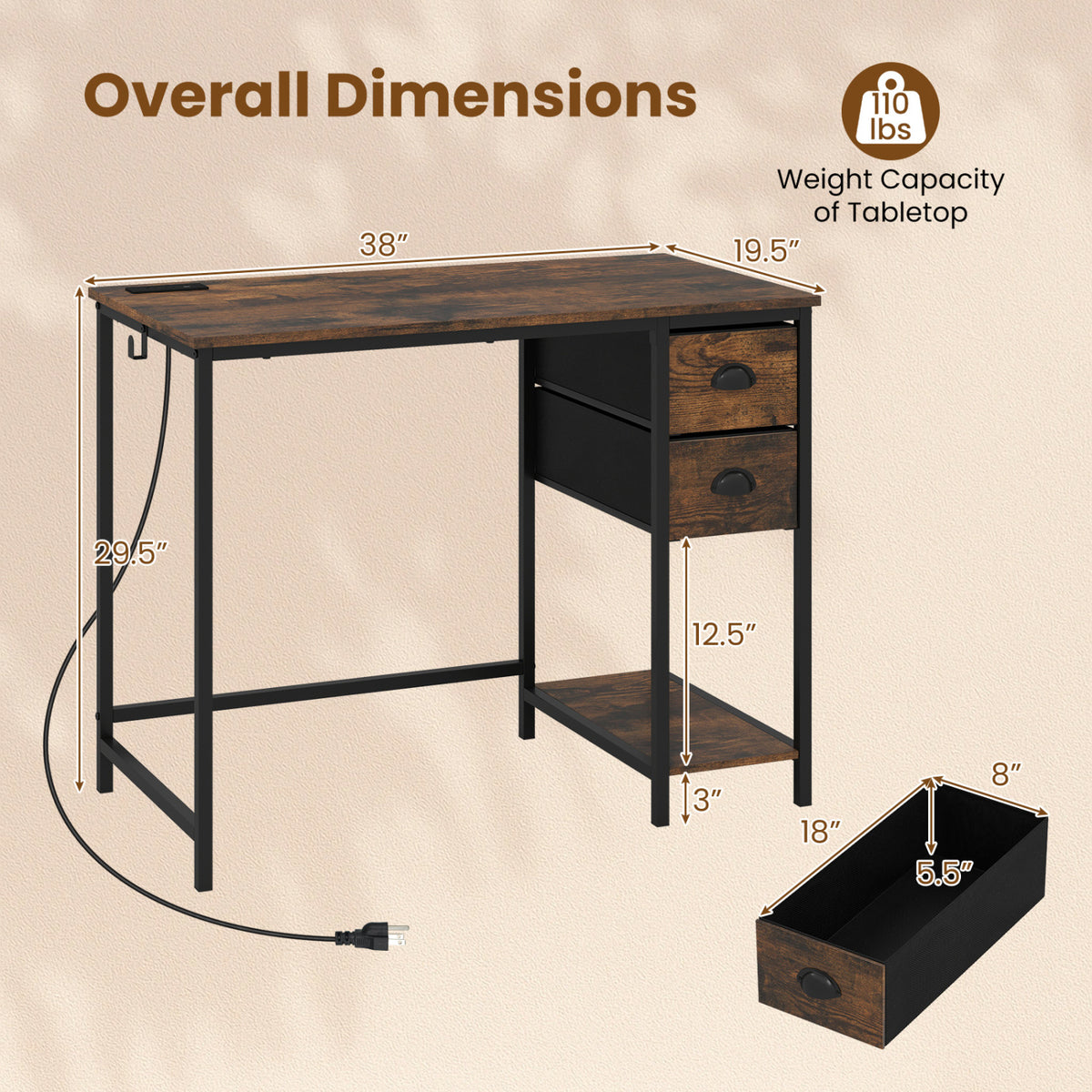 Computer Desk With Charging Station, 2 Fabric Drawers, Brown Computer Desks at Gallery Canada