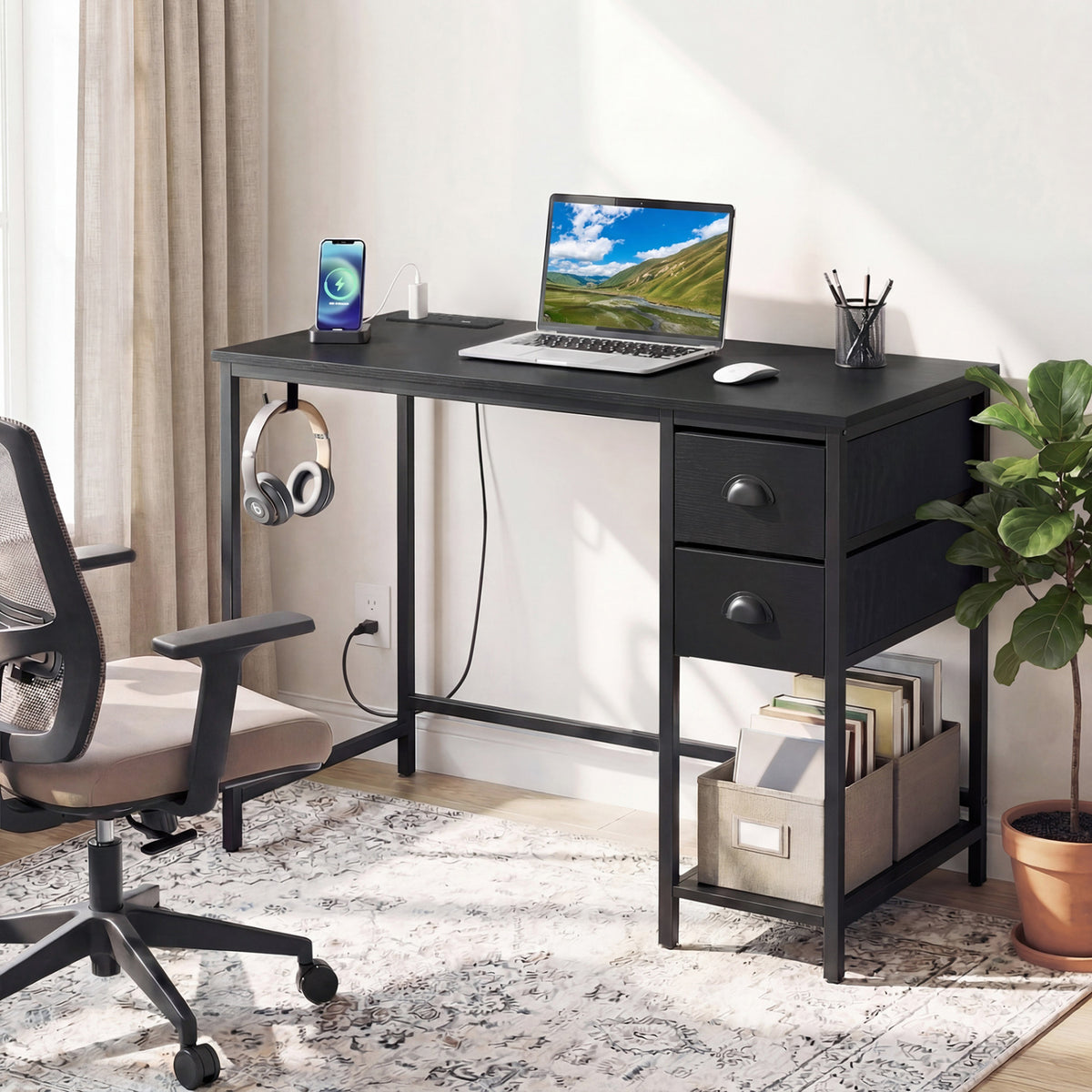 Computer Desk With Charging Station, 2 Fabric Drawers, Black Computer Desks at Gallery Canada