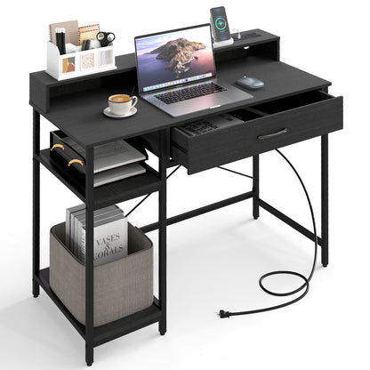Computer Desk with Power Outlets 42inch Writing Desk with Hutch Drawer and 2 Open Shelves, Black Computer Desks at Gallery Canada