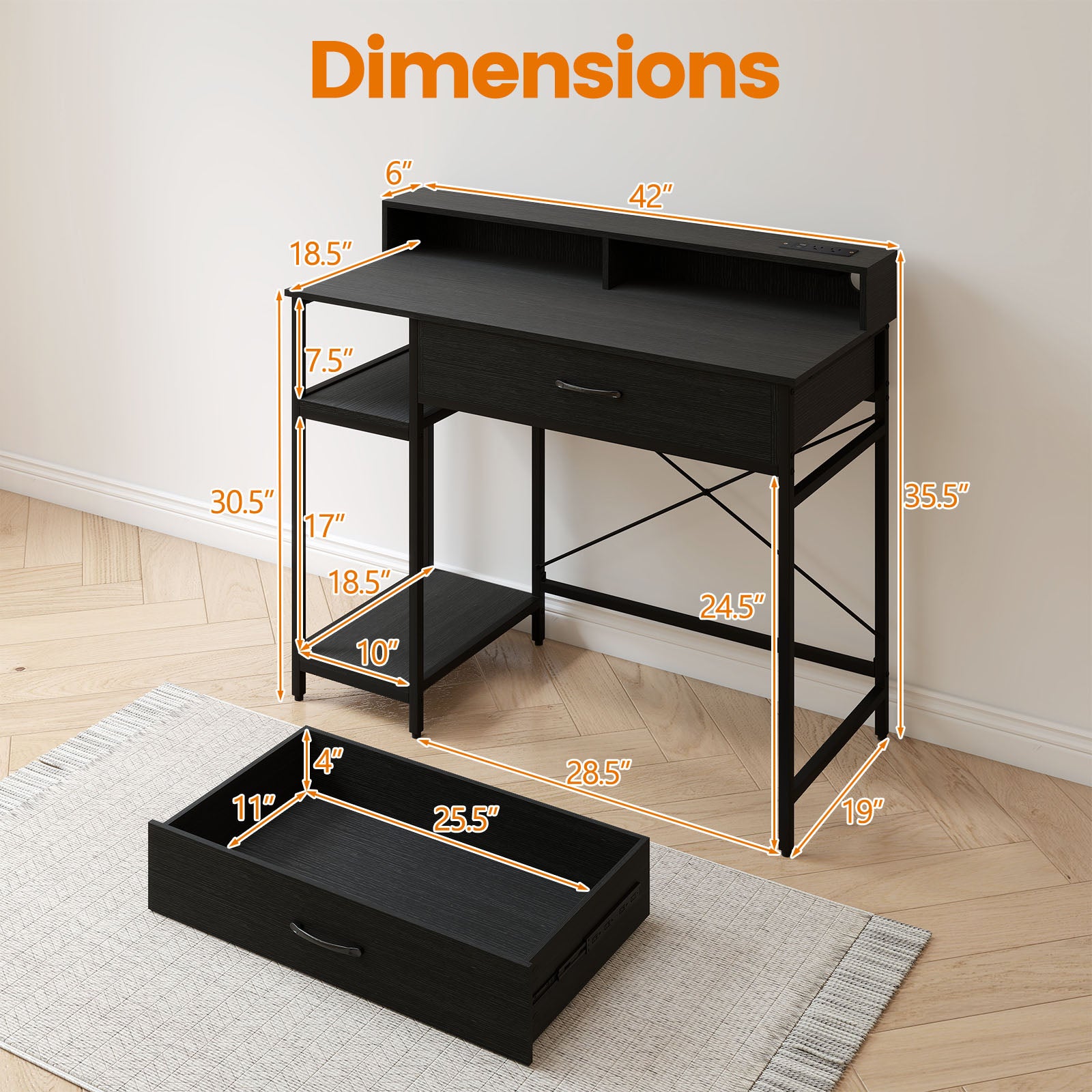 Computer Desk with Power Outlets 42inch Writing Desk with Hutch Drawer and 2 Open Shelves, Black Computer Desks at Gallery Canada