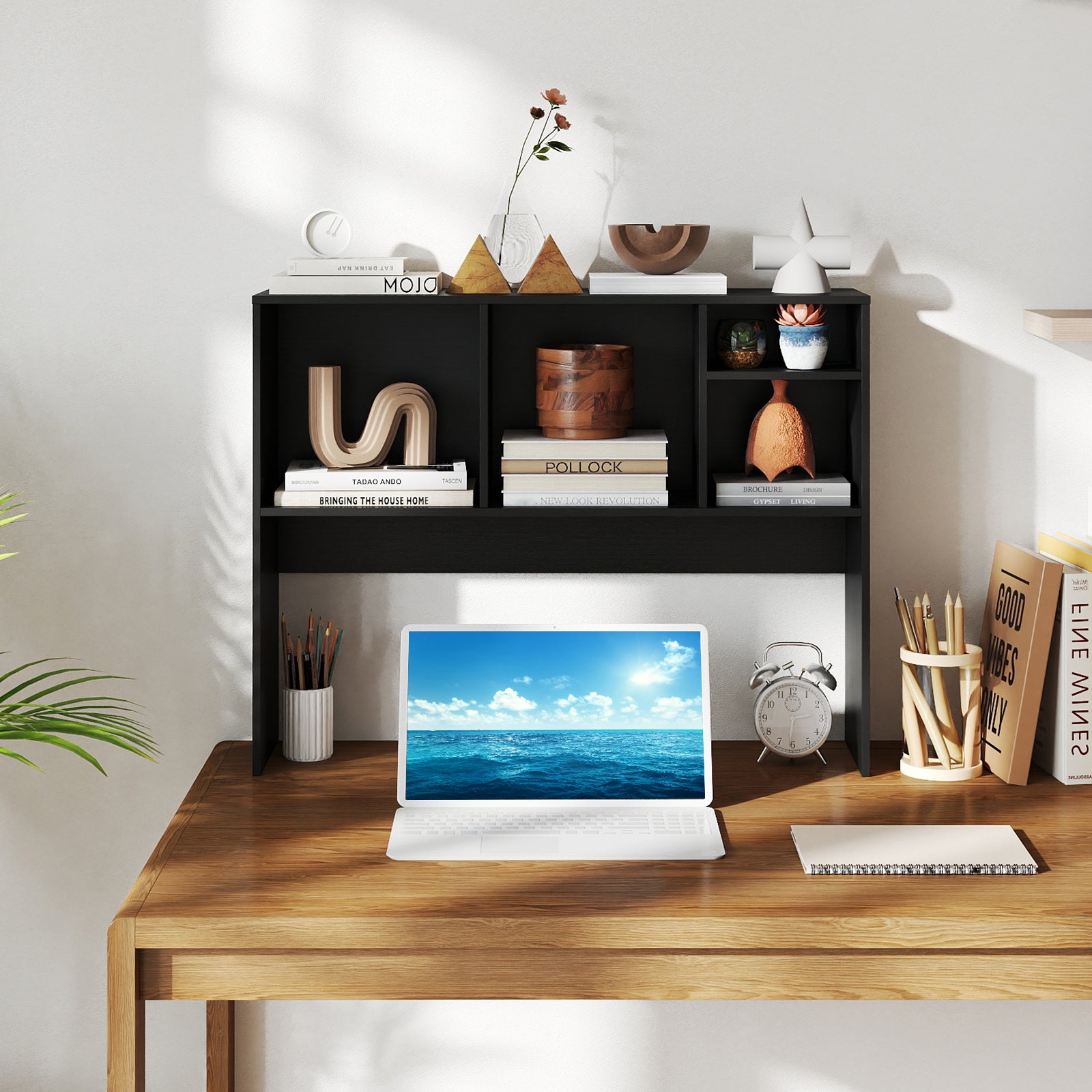 Computer Desktop Bookcase with 4 Cubbies and Open Back Compartment-DK, Black Bookcases at Gallery Canada