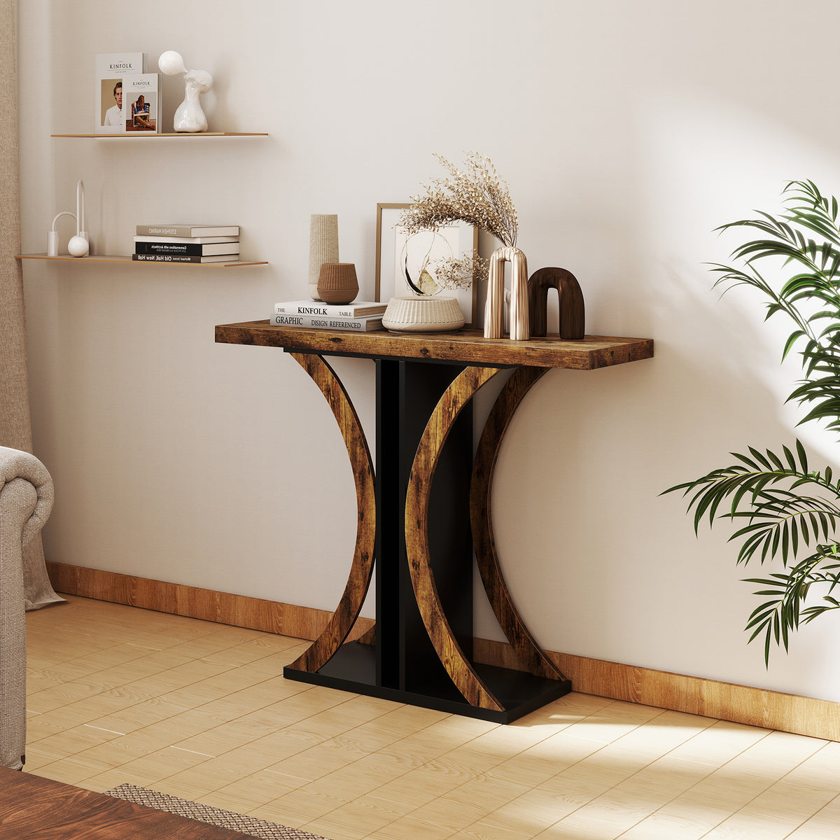 Console Table 39.5 Inch Rectangular Entryway Table with Geometric Frame, Rustic Brown Console Tables at Gallery Canada
