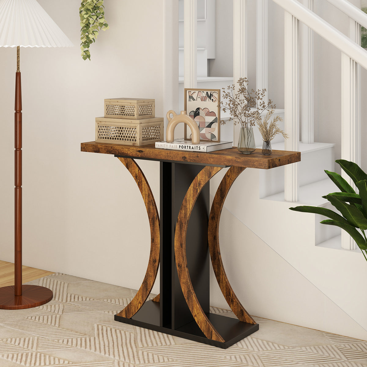 Console Table 39.5 Inch Rectangular Entryway Table with Geometric Frame, Rustic Brown Console Tables at Gallery Canada