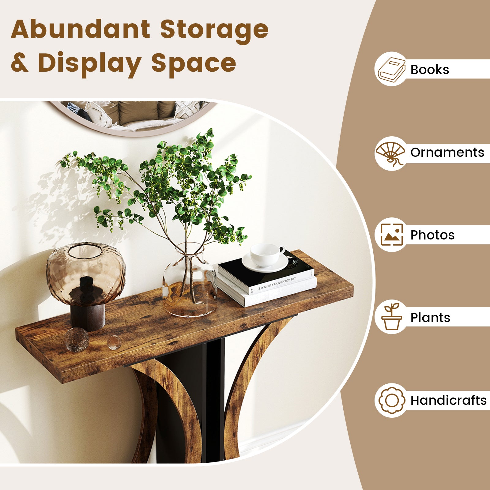 Console Table 39.5 Inch Rectangular Entryway Table with Geometric Frame, Rustic Brown Console Tables at Gallery Canada