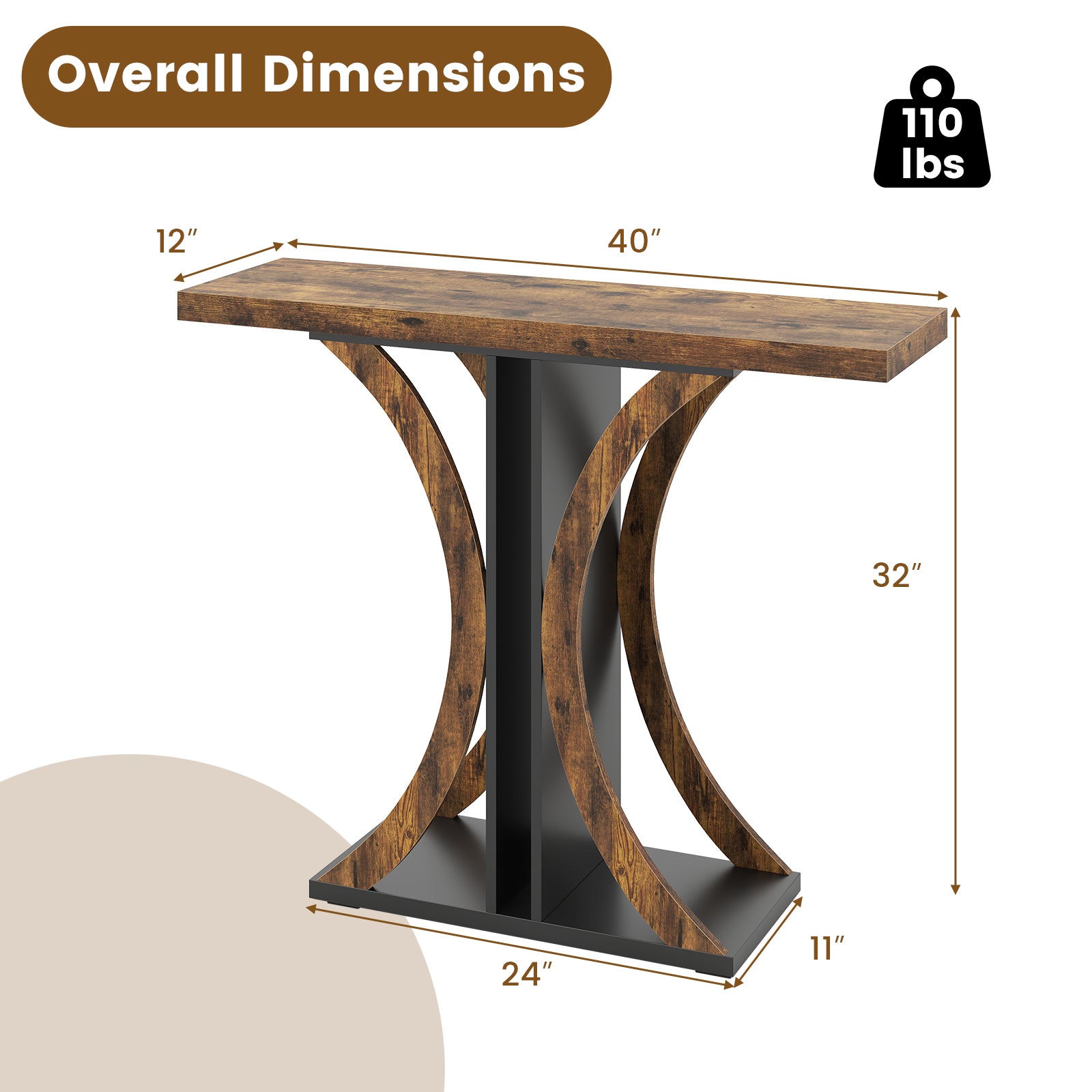 Console Table 39.5 Inch Rectangular Entryway Table with Geometric Frame, Rustic Brown Console Tables at Gallery Canada