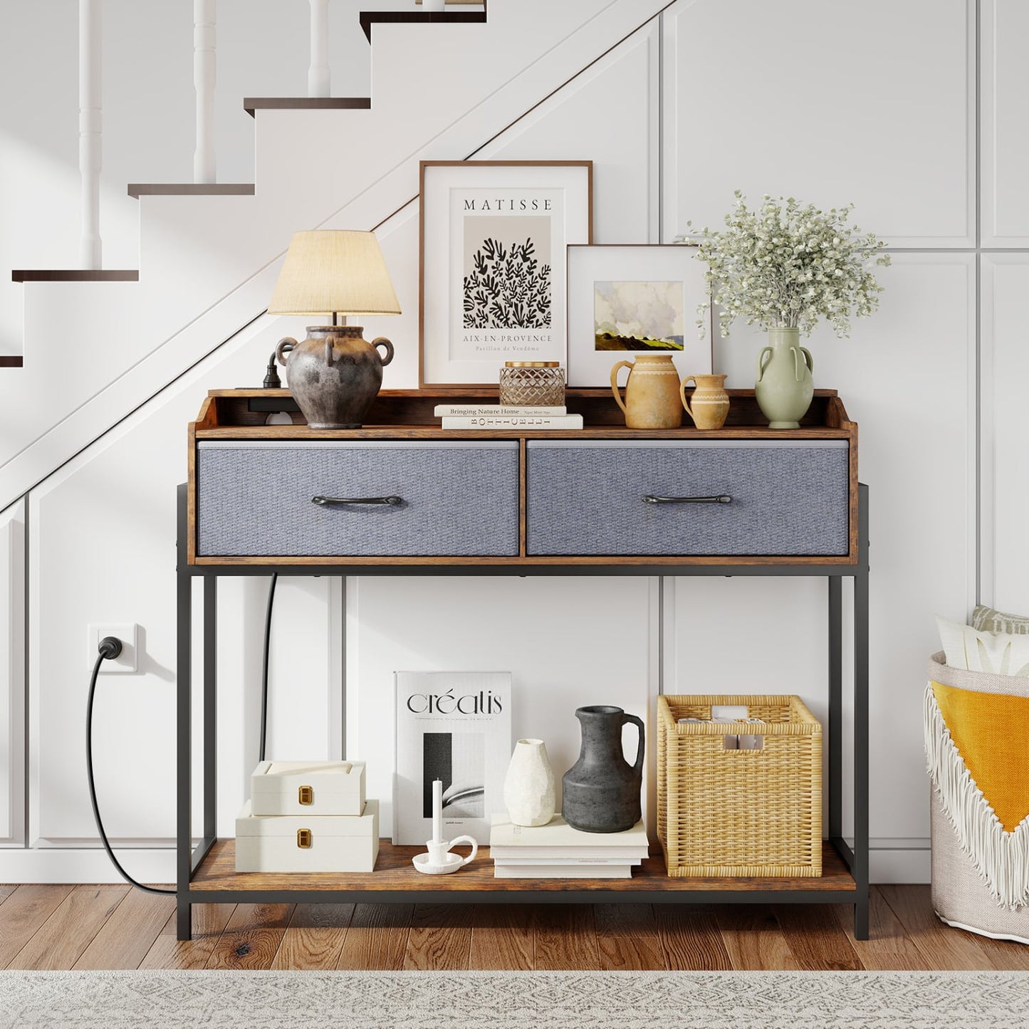Console Table with Charging Station, 110 cm, Rustic Brown
