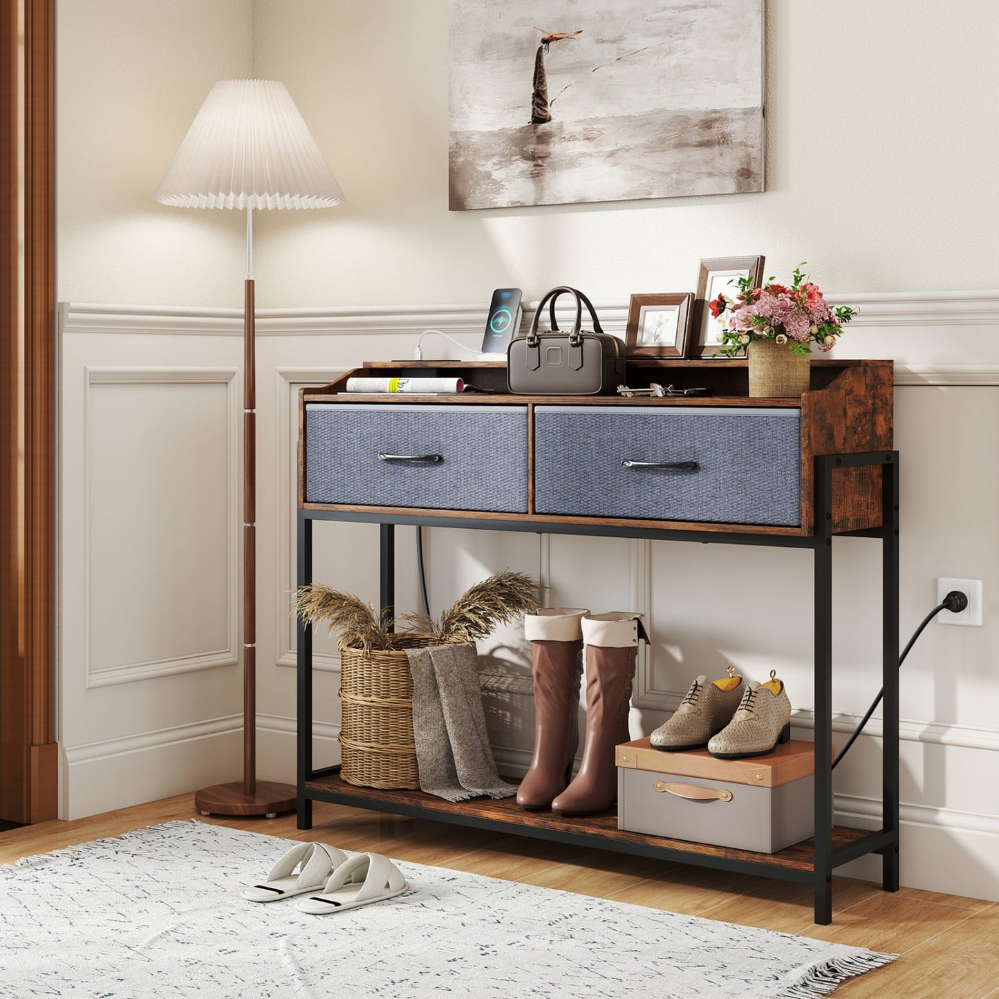 Console Table with Charging Station, 110 cm, Rustic Brown