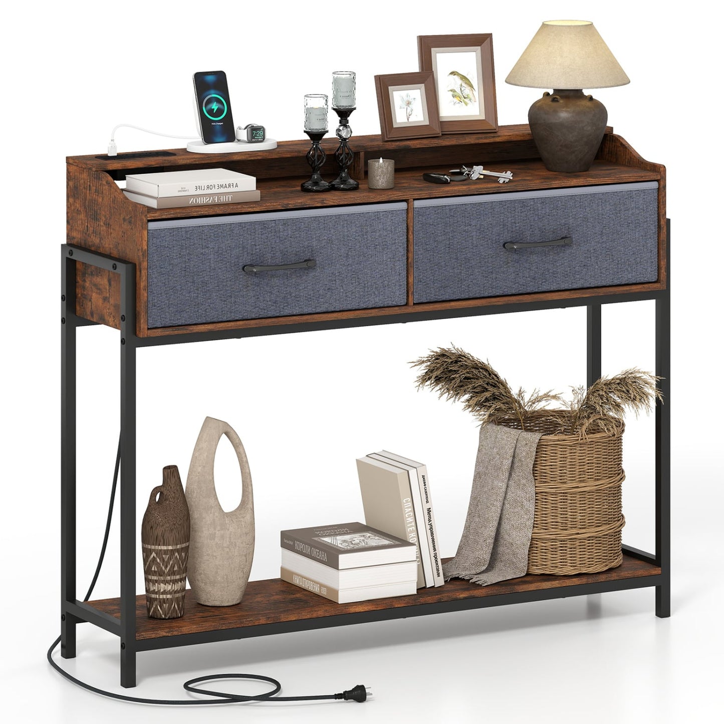 Console Table with Charging Station, 110 cm, Rustic Brown