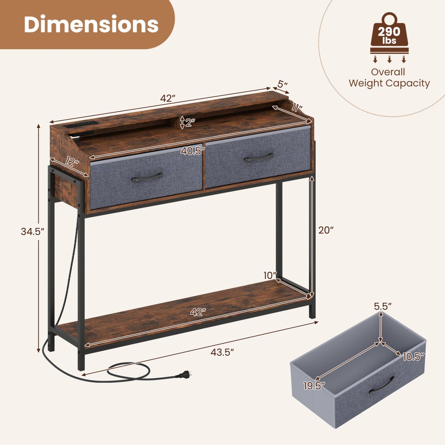Console Table with Charging Station, 110 cm, Rustic Brown