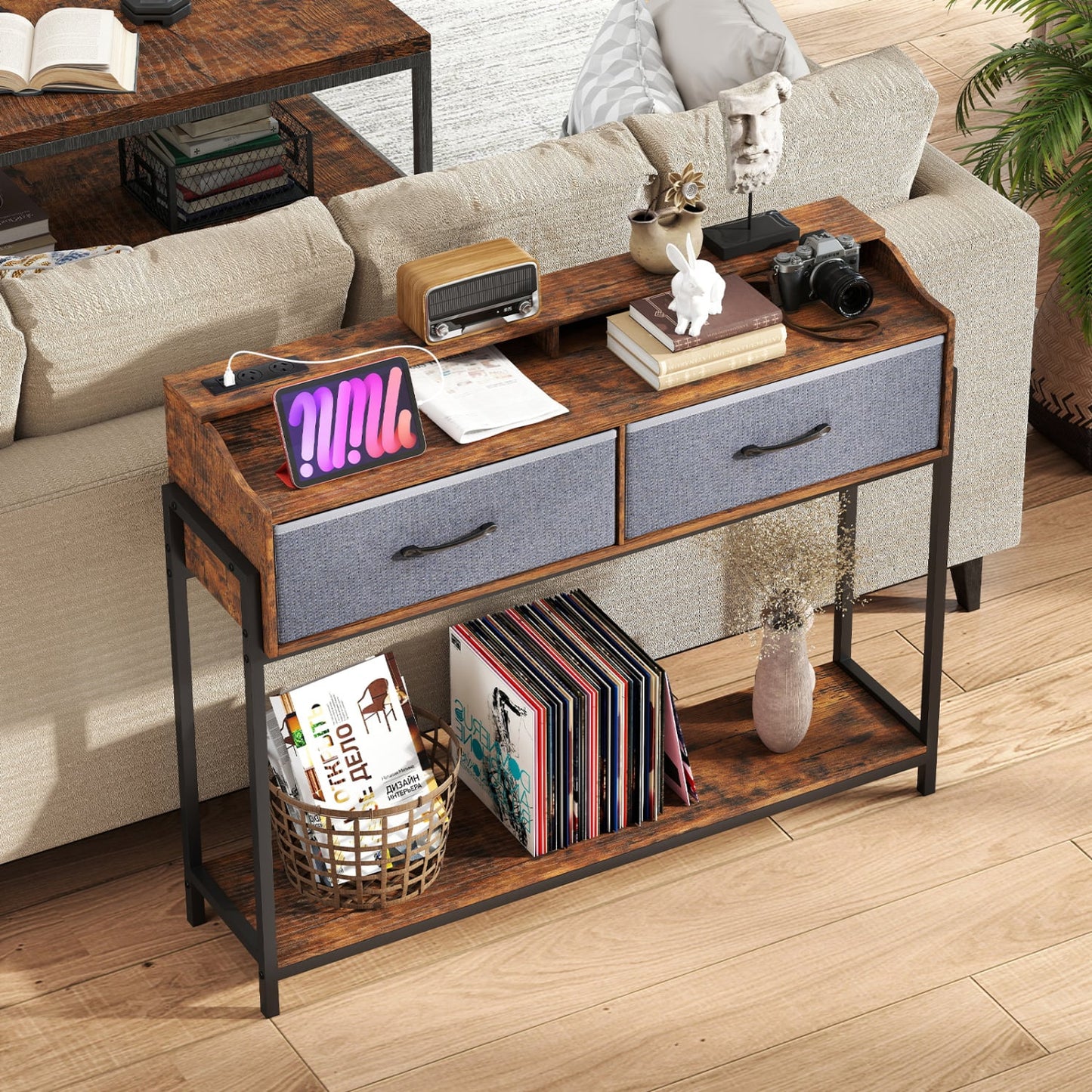 Console Table with Charging Station, 110 cm, Rustic Brown
