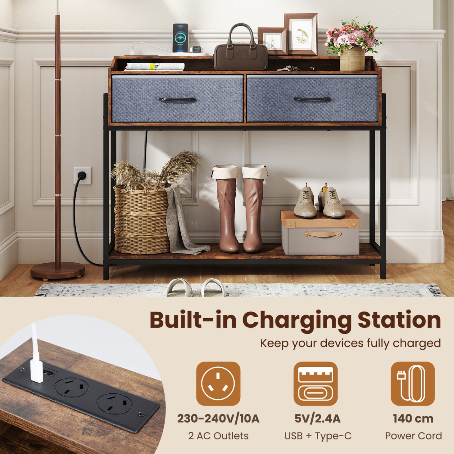 Console Table with Charging Station, 110 cm, Rustic Brown