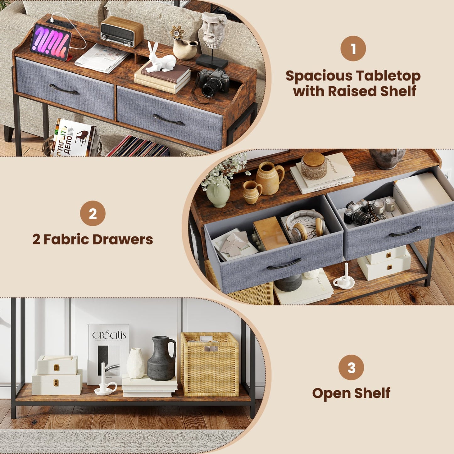 Console Table with Charging Station, 110 cm, Rustic Brown