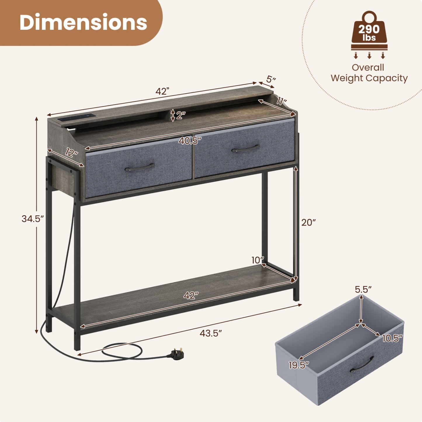 Console Table With Charging Station, 110 cm, Gray