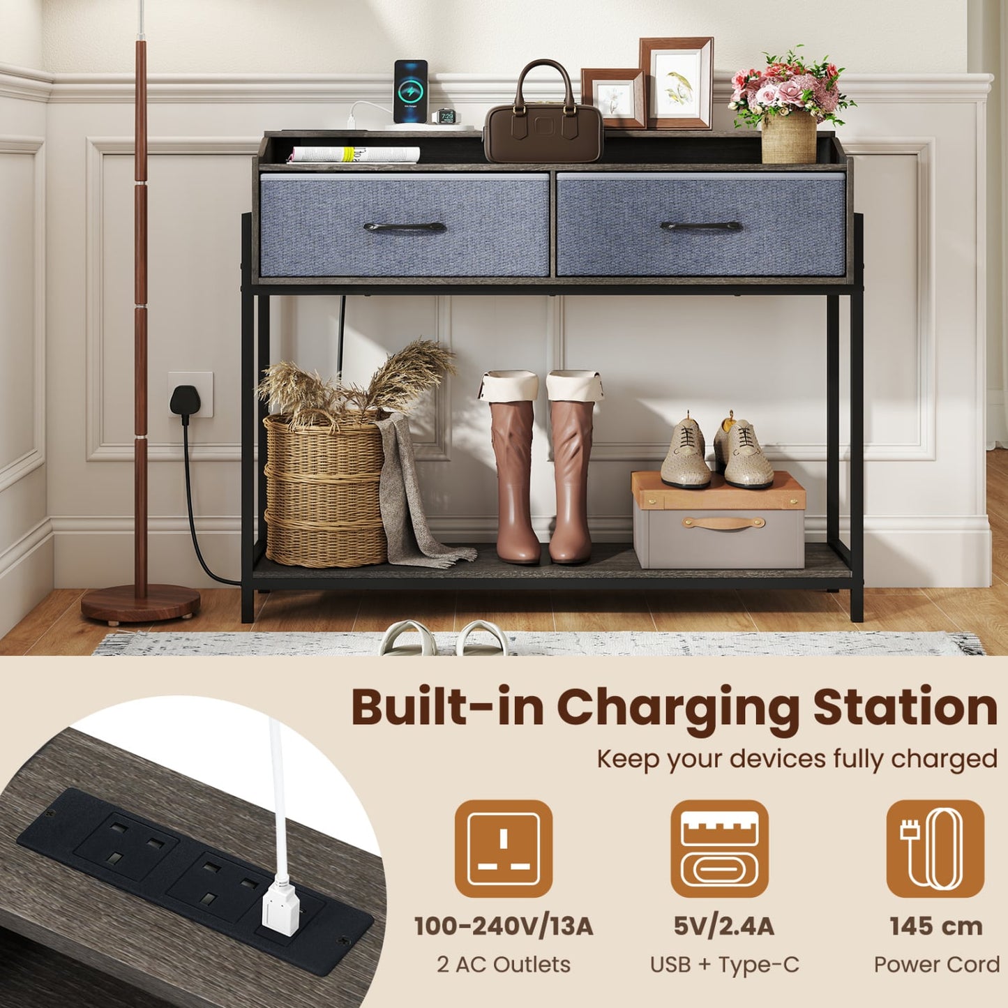 Console Table With Charging Station, 110 cm, Gray