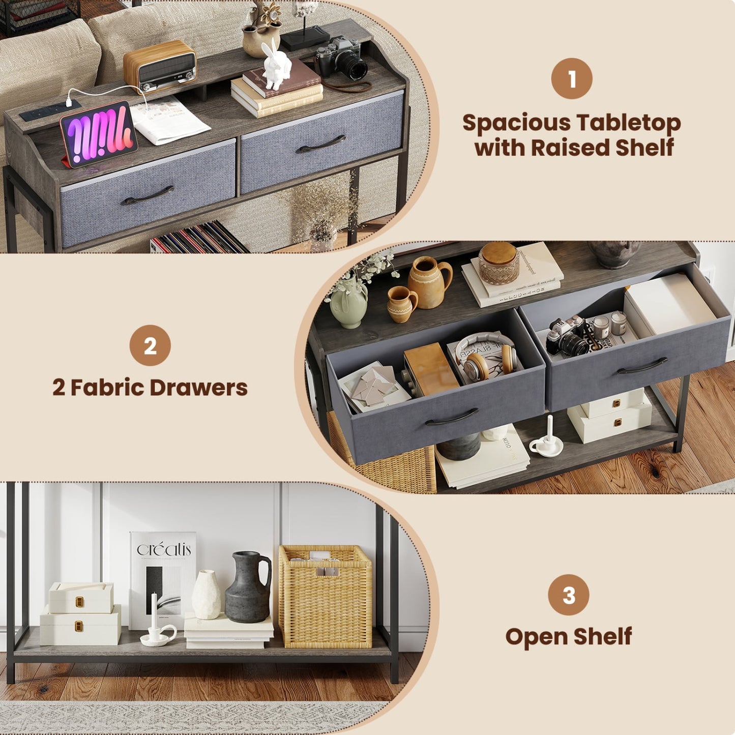 Console Table With Charging Station, 110 cm, Gray