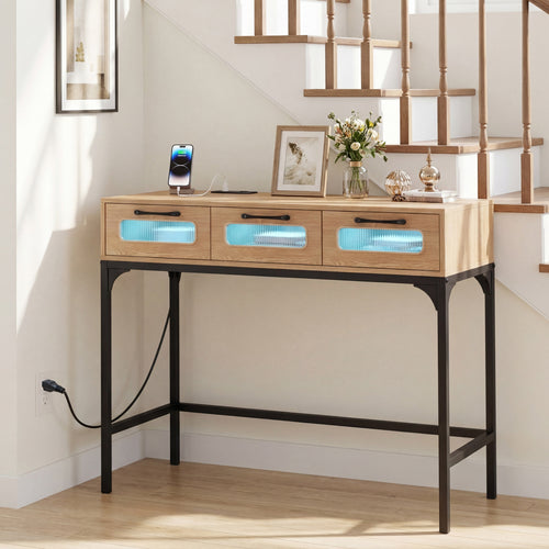 Console Table With LED Lighting & Charging Station, Natural