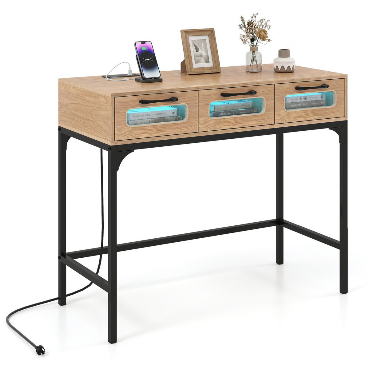 Console Table With LED Lighting & Charging Station, Natural Console Tables Natural at Gallery Canada
