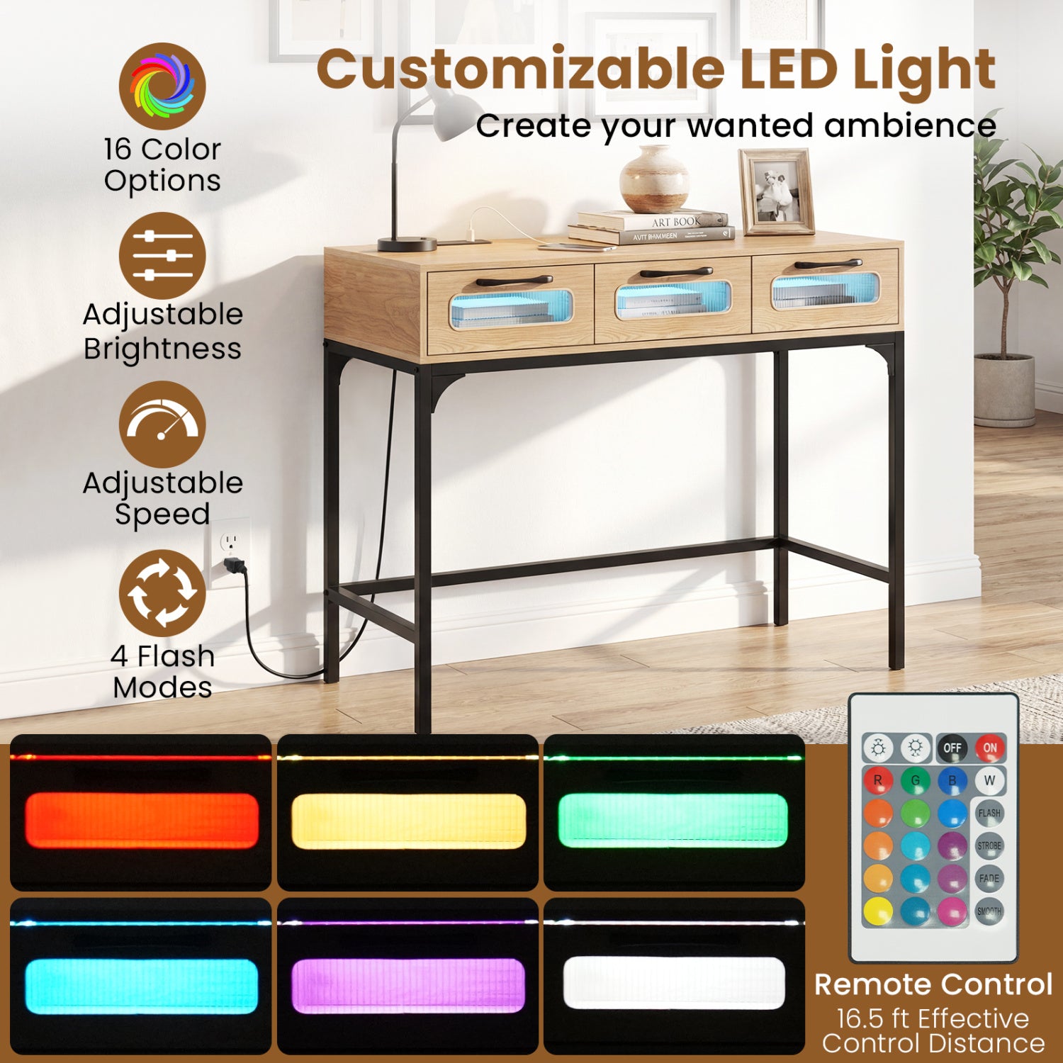 Console Table With LED Lighting & Charging Station, Natural Console Tables at Gallery Canada