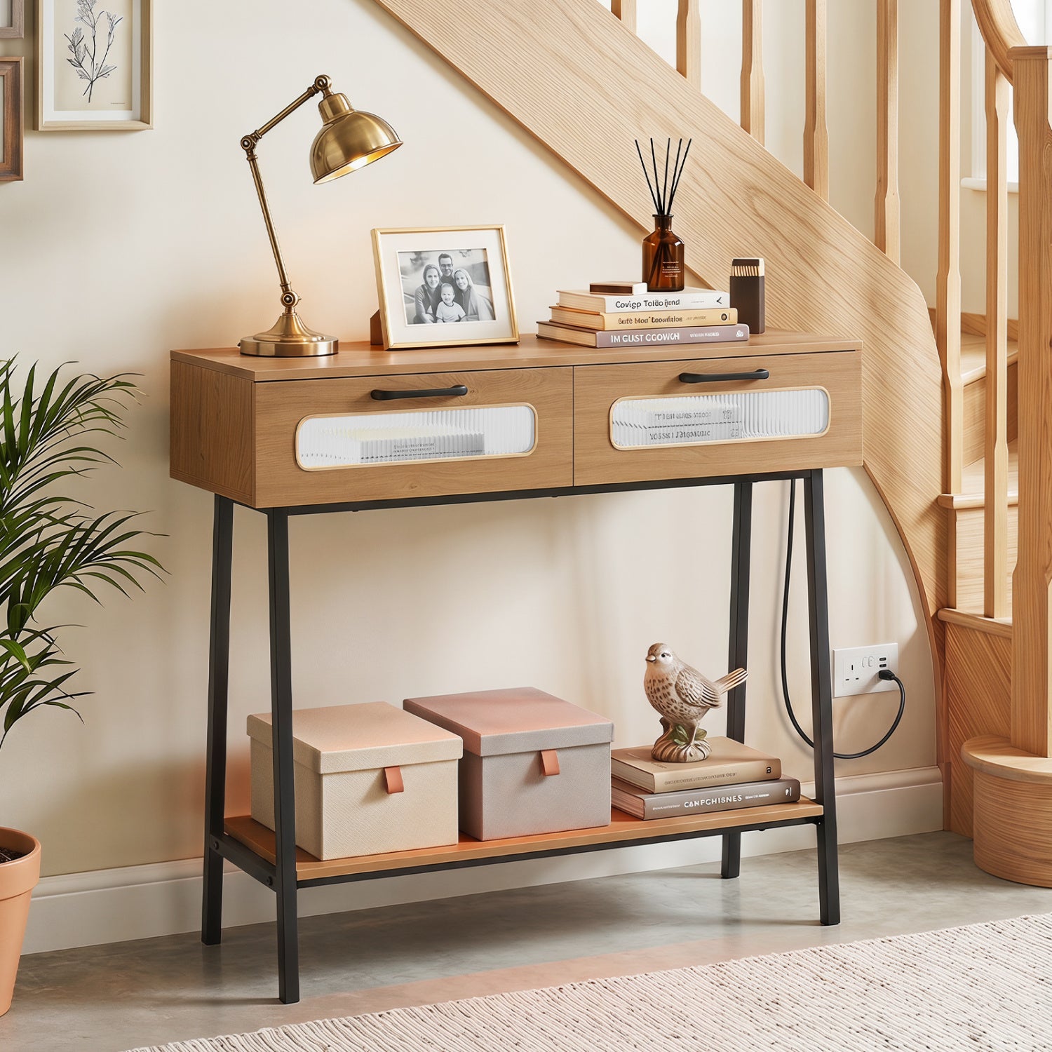 Console Table with LED Lights, Open Shelf, Natural Console Tables at Gallery Canada