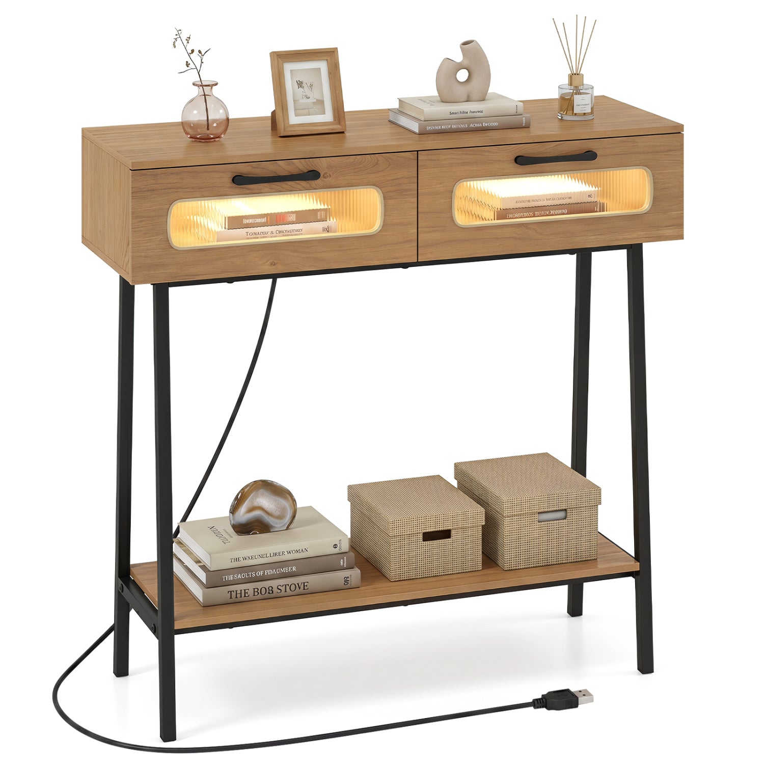Console Table with LED Lights, Open Shelf, Natural Console Tables at Gallery Canada