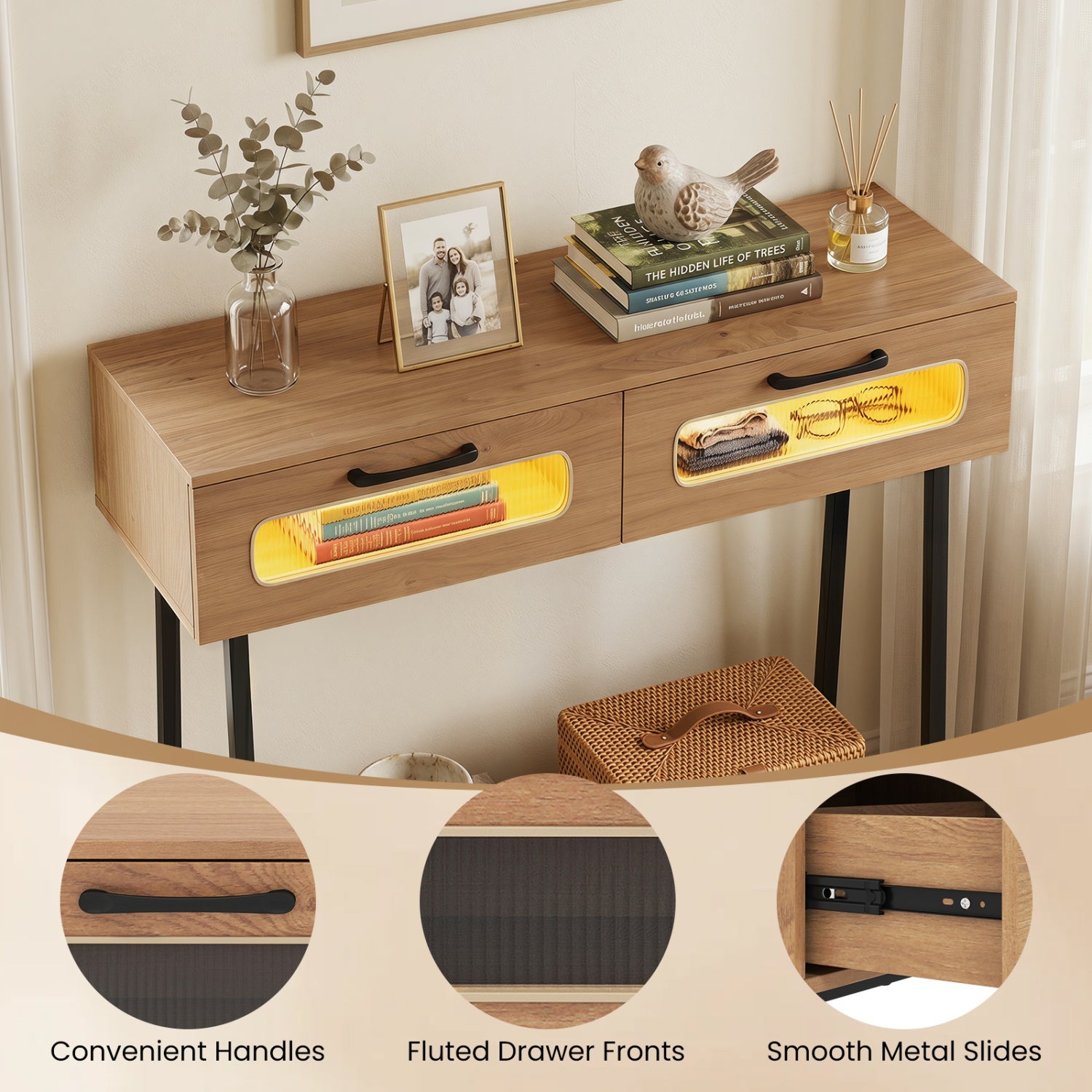 Console Table with LED Lights, Open Shelf, Natural Console Tables at Gallery Canada