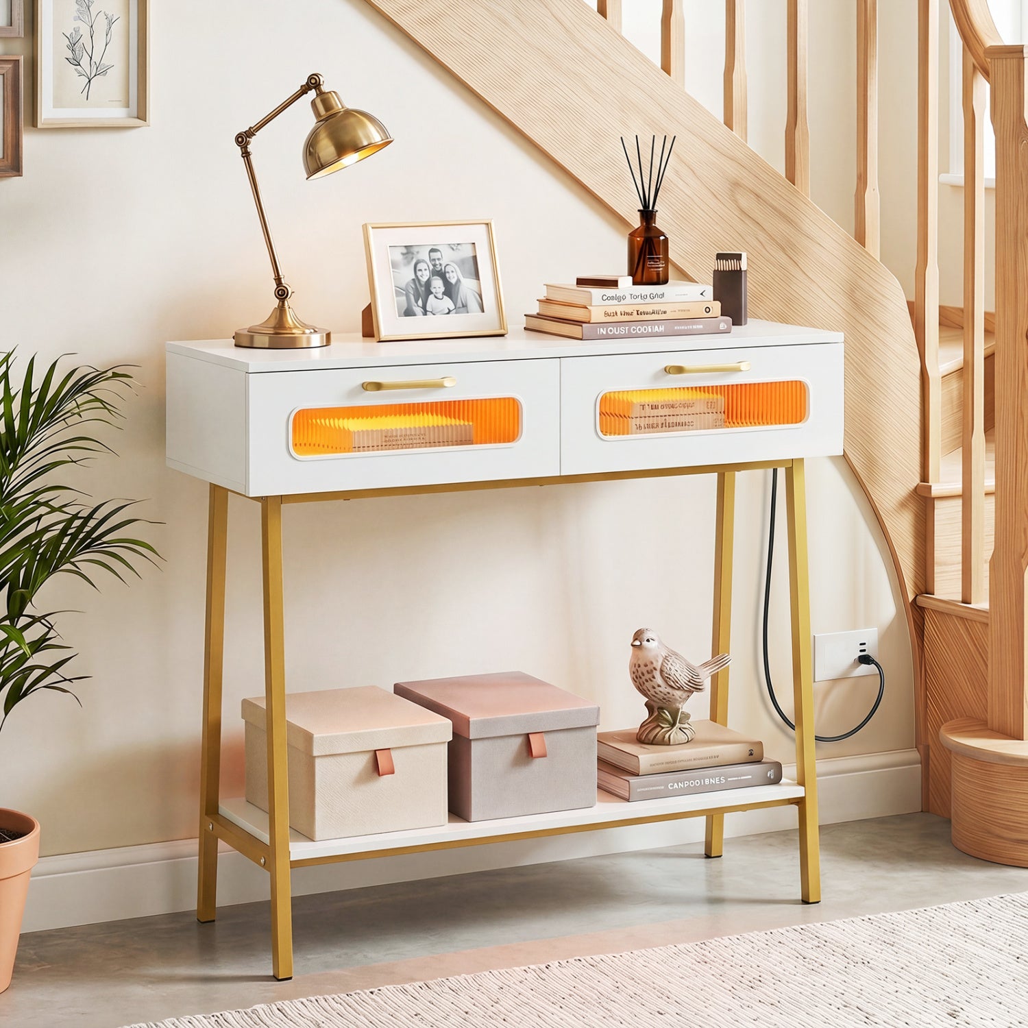 LED Console Table with Open Shelf, White Console Tables at Gallery Canada