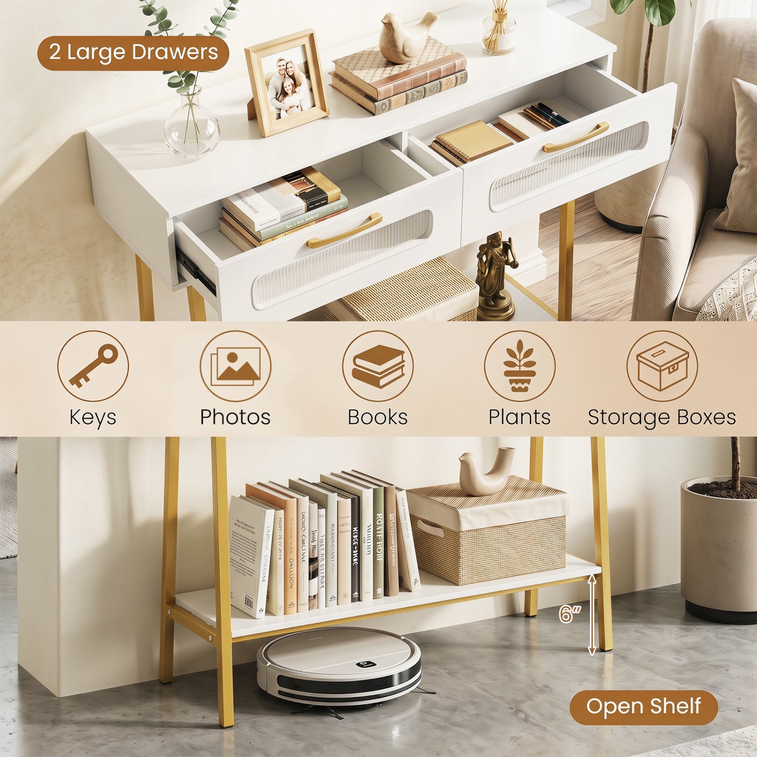 LED Console Table with Open Shelf, White Console Tables at Gallery Canada