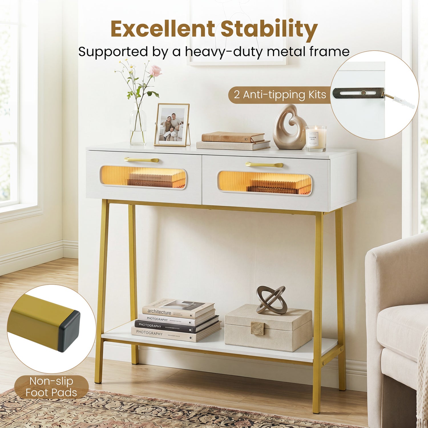 LED Console Table with Open Shelf, White Console Tables at Gallery Canada