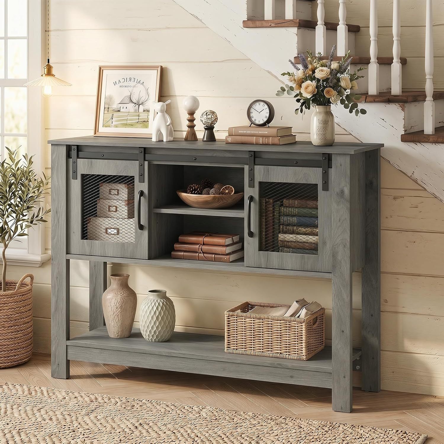 Console Table With Sliding Barn Doors, Gray Console Tables at Gallery Canada