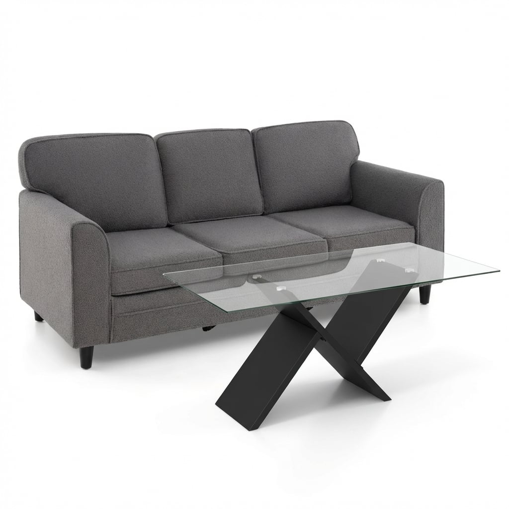 Modern 3-Seat Teddy Velvet Sofa, 47-Inch Glass Coffee Table Living Room Options at Gallery Canada