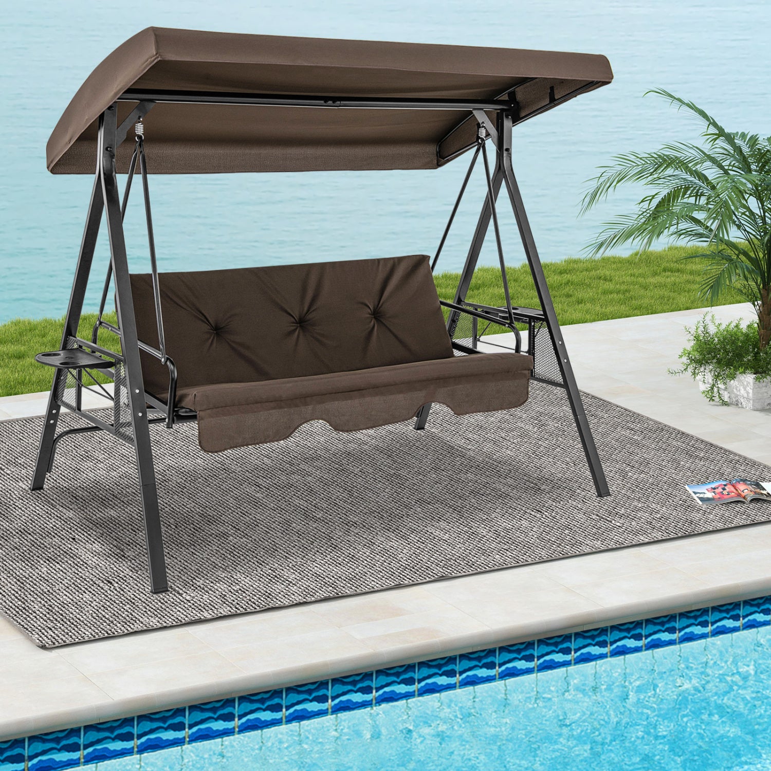 Convertible 3-Seat Swing Chair To Flat Bed, Adjustable Canopy, Brown Porch Swings at Gallery Canada