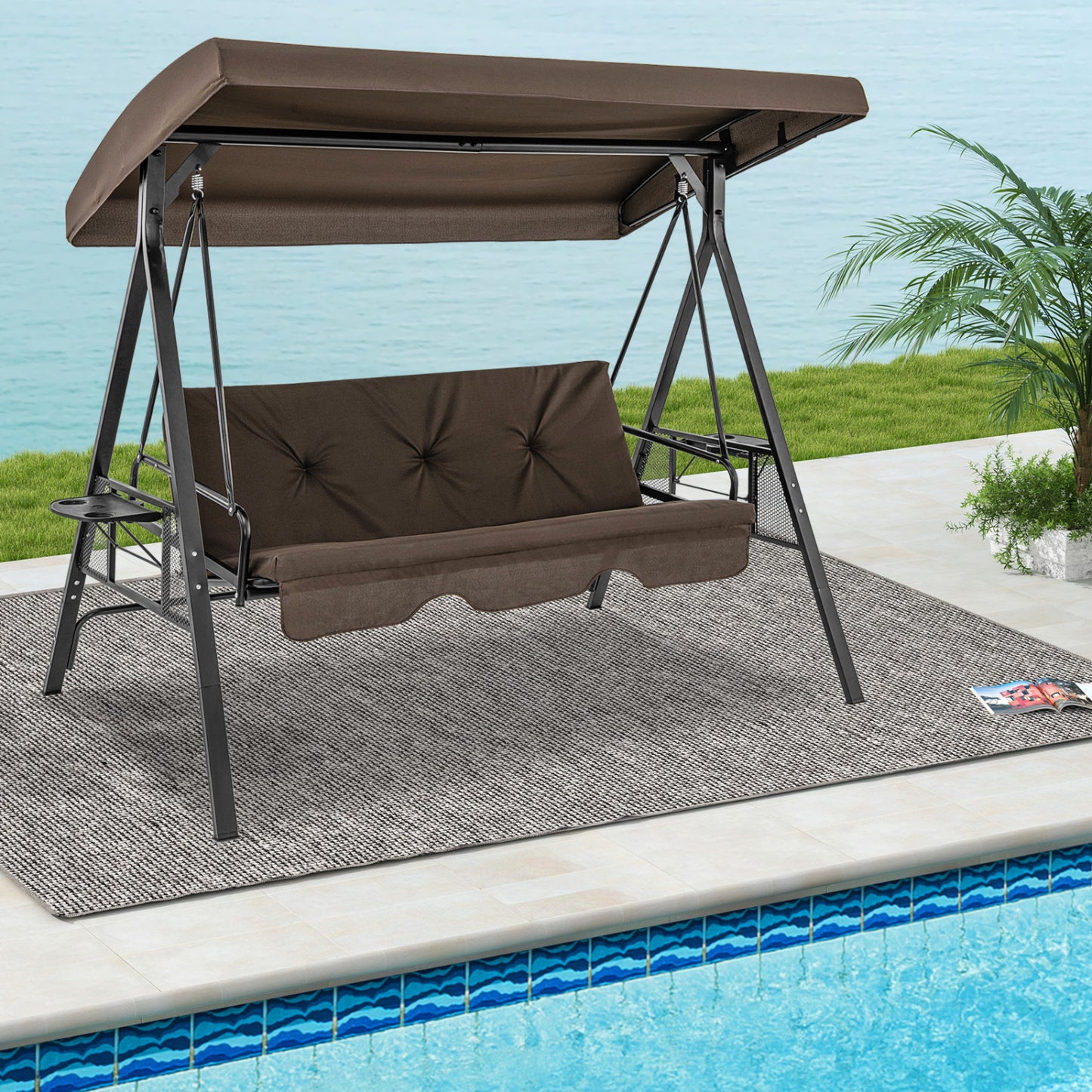 Convertible 3-Seat Swing Chair To Flat Bed, Adjustable Canopy, Brown Porch Swings at Gallery Canada