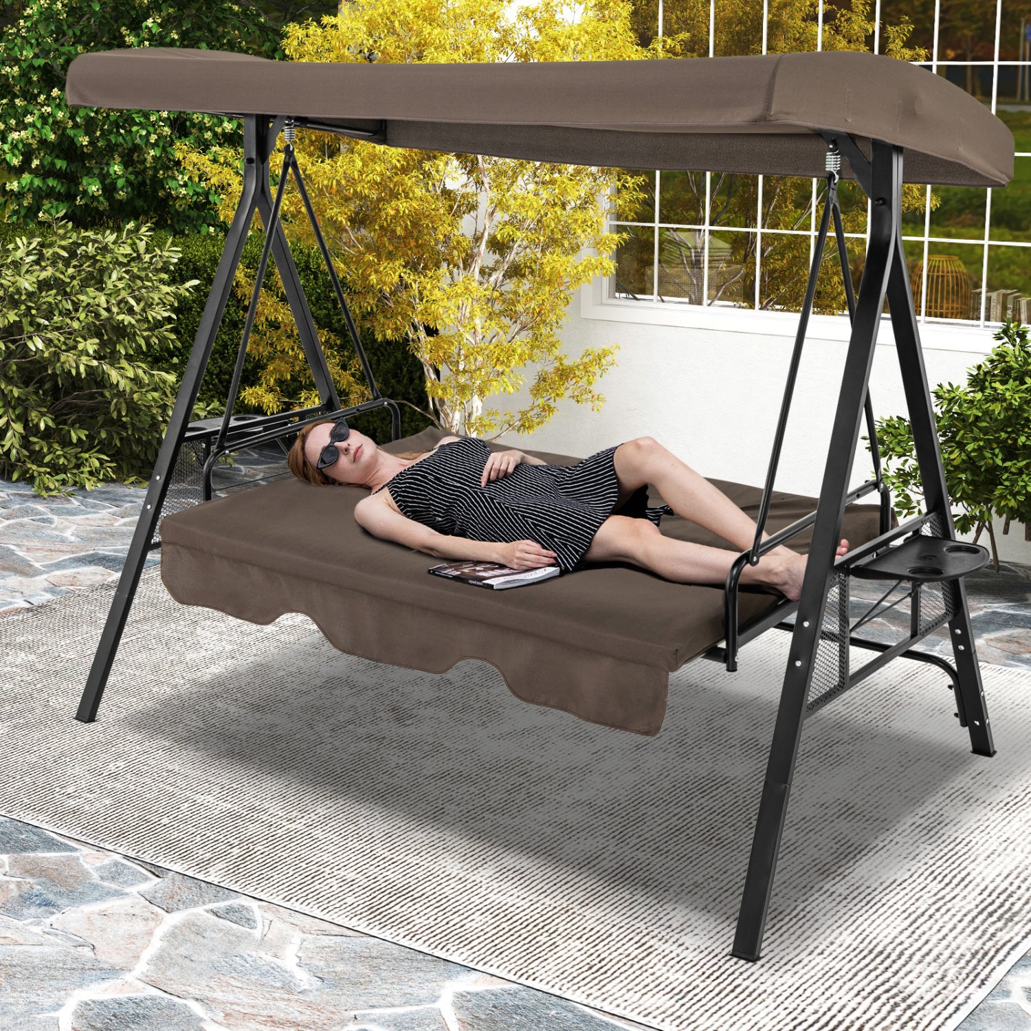 Convertible 3-Seat Swing Chair To Flat Bed, Adjustable Canopy, Brown Porch Swings at Gallery Canada