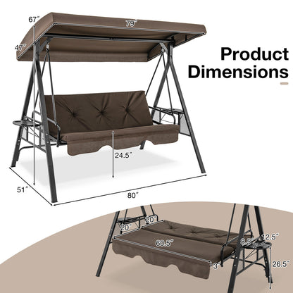 Convertible 3-Seat Swing Chair To Flat Bed, Adjustable Canopy, Brown Porch Swings at Gallery Canada