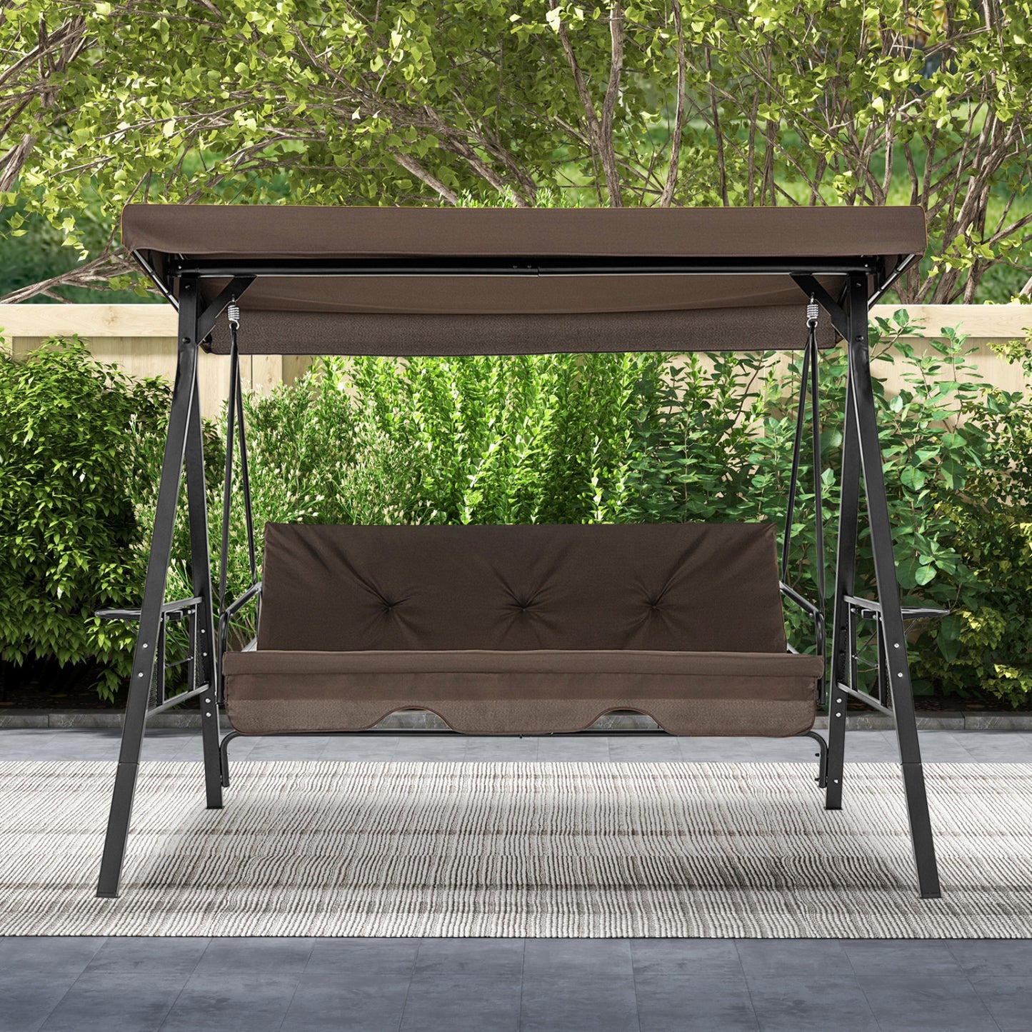Convertible 3-Seat Swing Chair To Flat Bed, Adjustable Canopy, Brown Porch Swings at Gallery Canada