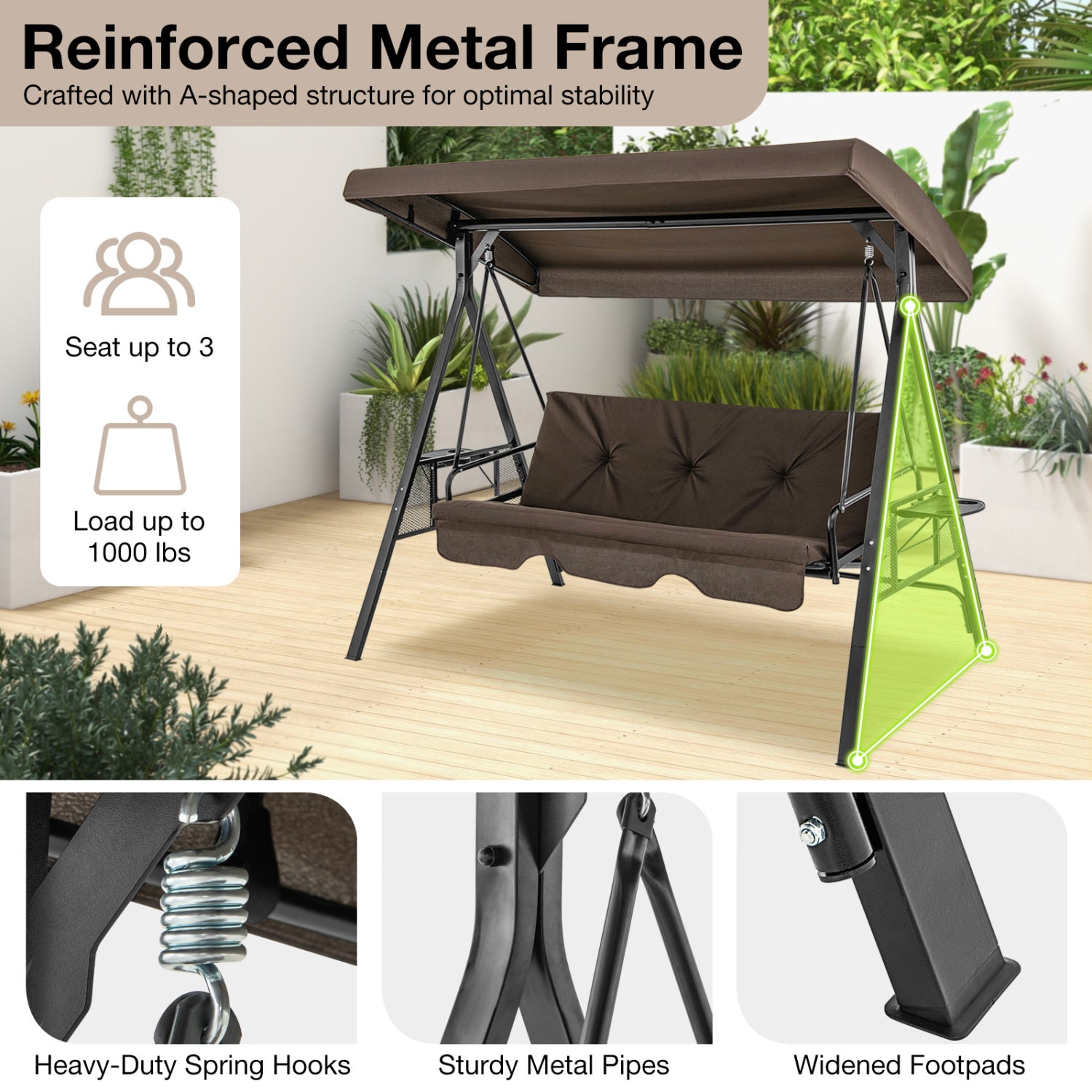 Convertible 3-Seat Swing Chair To Flat Bed, Adjustable Canopy, Brown Porch Swings at Gallery Canada