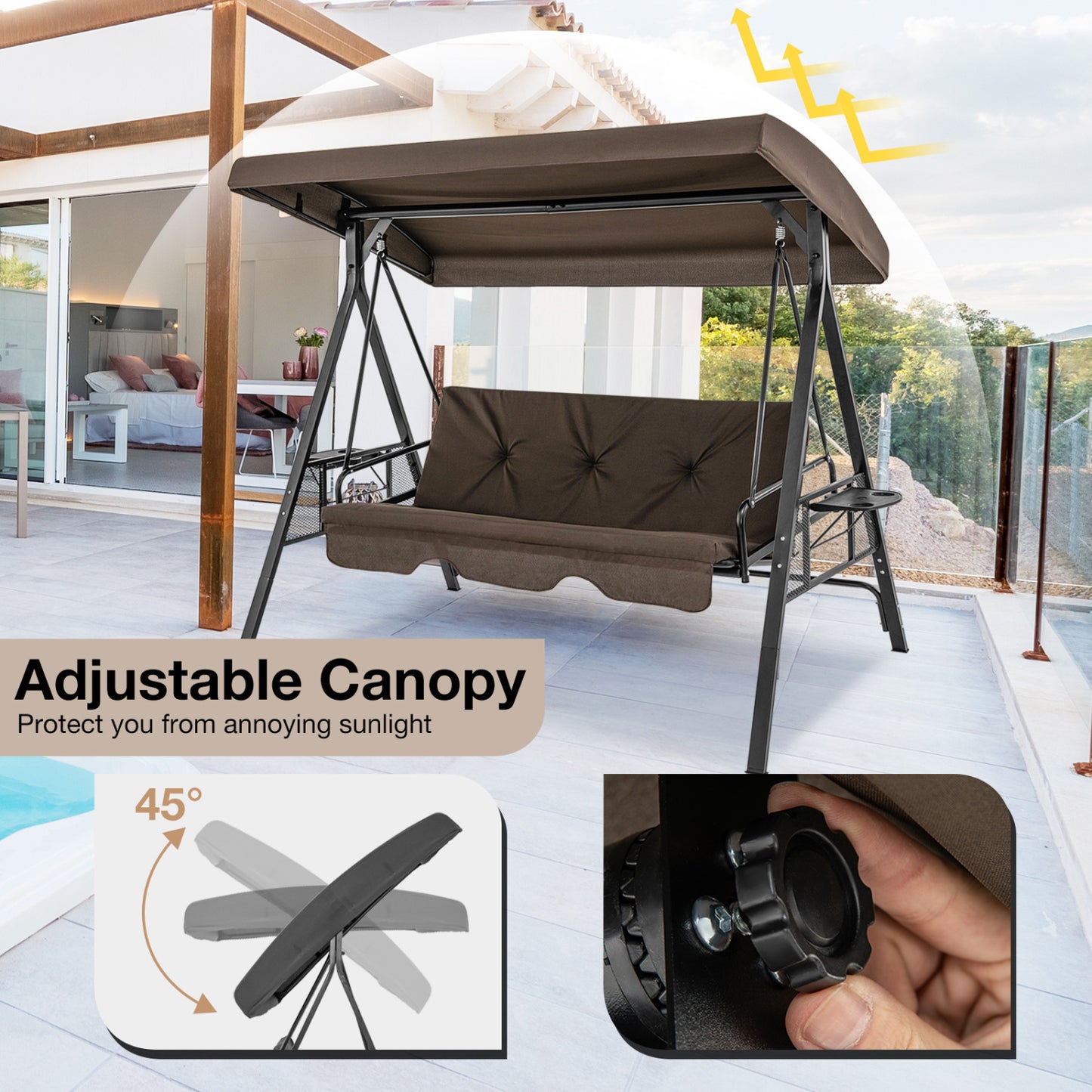 Convertible 3-Seat Swing Chair To Flat Bed, Adjustable Canopy, Brown Porch Swings at Gallery Canada