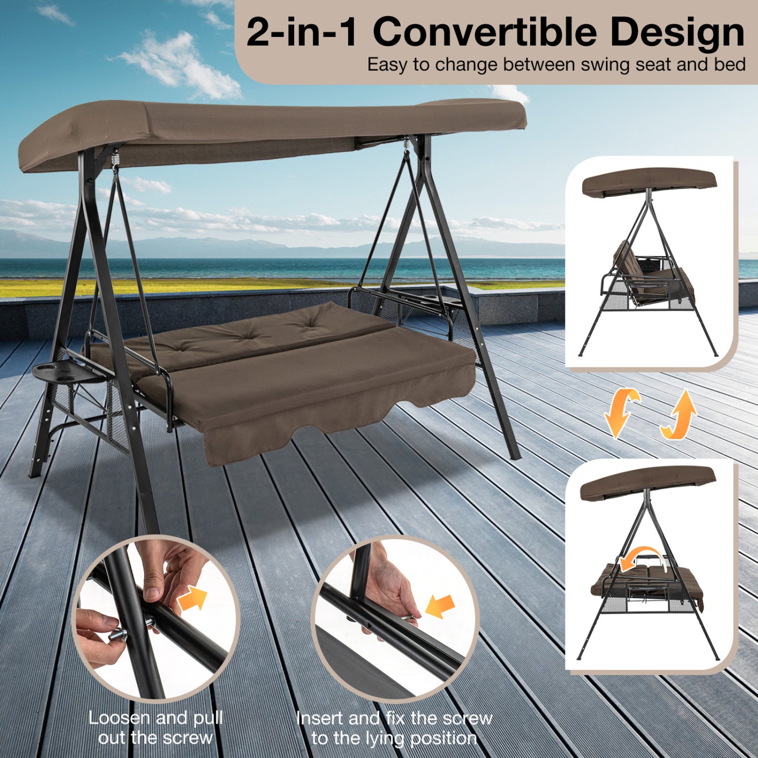 Convertible 3-Seat Swing Chair To Flat Bed, Adjustable Canopy, Brown Porch Swings at Gallery Canada